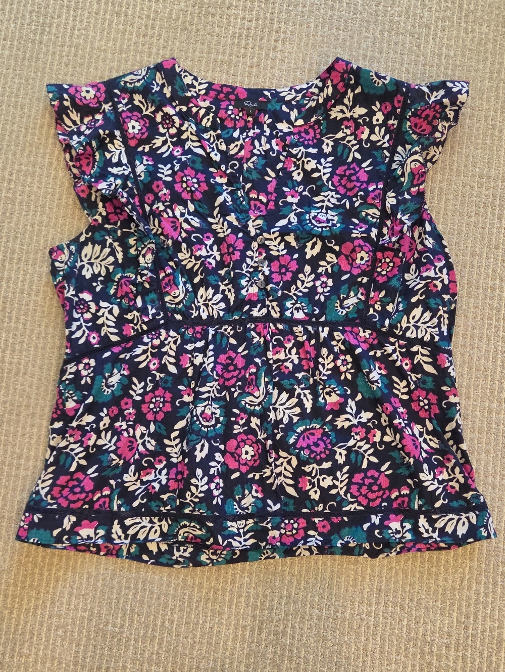 Rails Navy Floral Cap-Sleeve Blouse with Pink and Teal Print